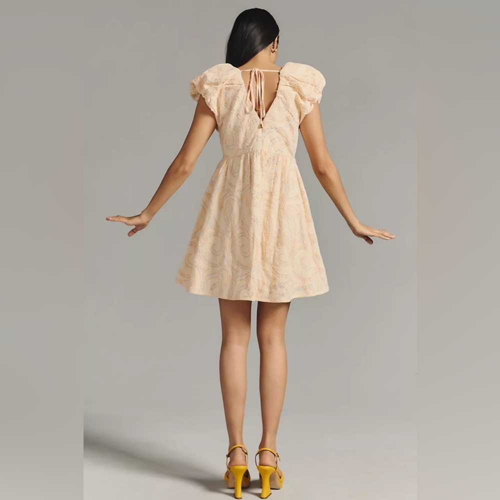 Anthropologie Deep-V Puff-Sleeve Dress in Peach NEW - Picture 3 of 13
